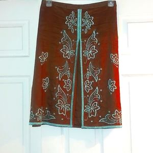 Brown linen A-line skirt with turquoise embroidery and beading; 20W